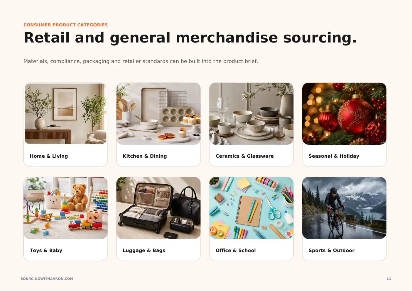 Consumer and retail categories page from the Sourcing With Aaron catalog